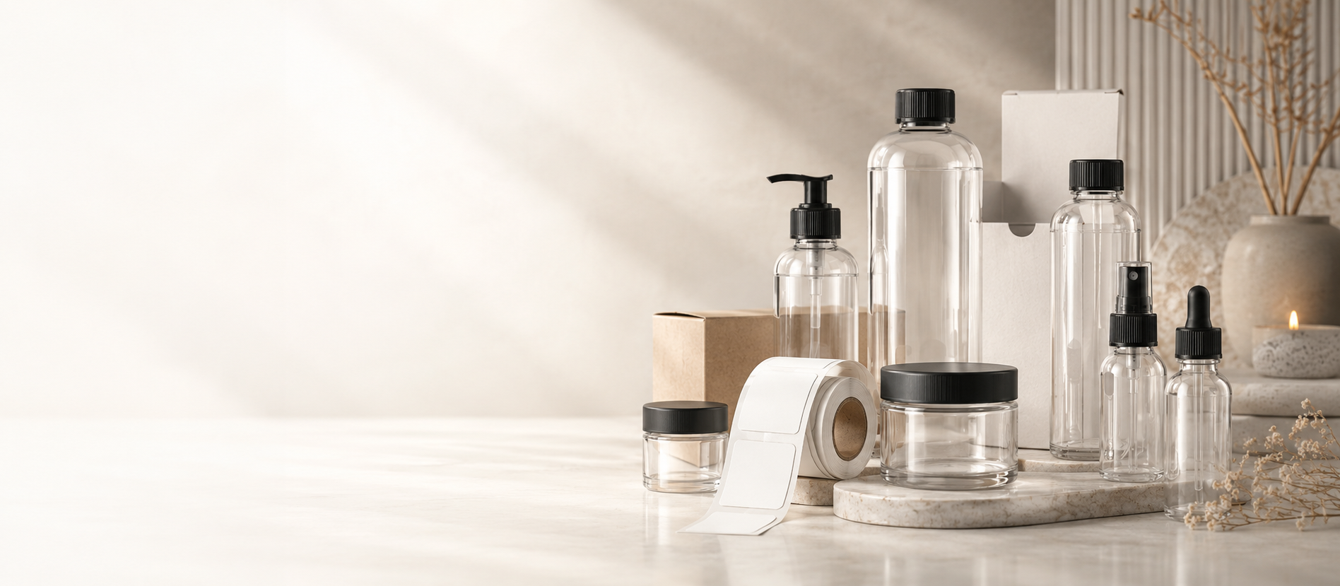 Premium wholesale packaging display with PET bottles, jars, caps and label packaging supplies