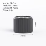18mm black CRC cap size drawing with neck finish and product dimensions