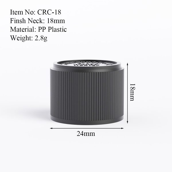 18mm black CRC cap size drawing with neck finish and product dimensions