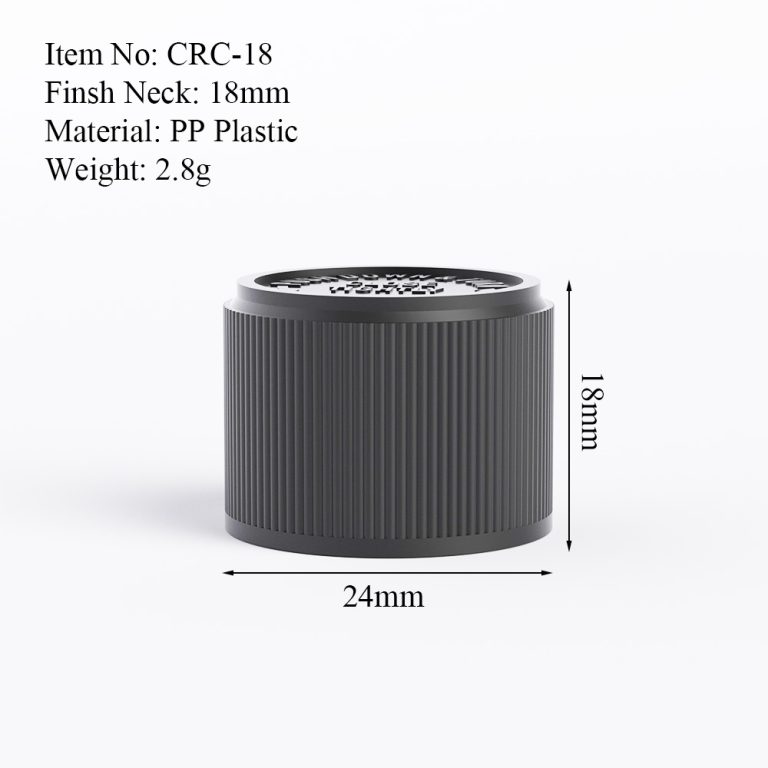 18mm black CRC cap size drawing with neck finish and product dimensions