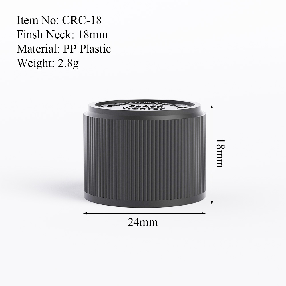 18mm black CRC cap size drawing with neck finish and product dimensions