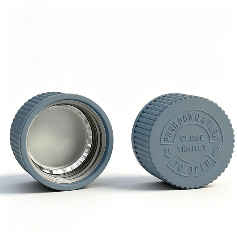28mm slate blue CRC cap Pantone 7544 C with heat induction foil liner for PET bottles
