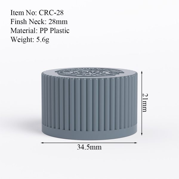 28mm slate blue CRC cap size drawing with dimensions and neck finish