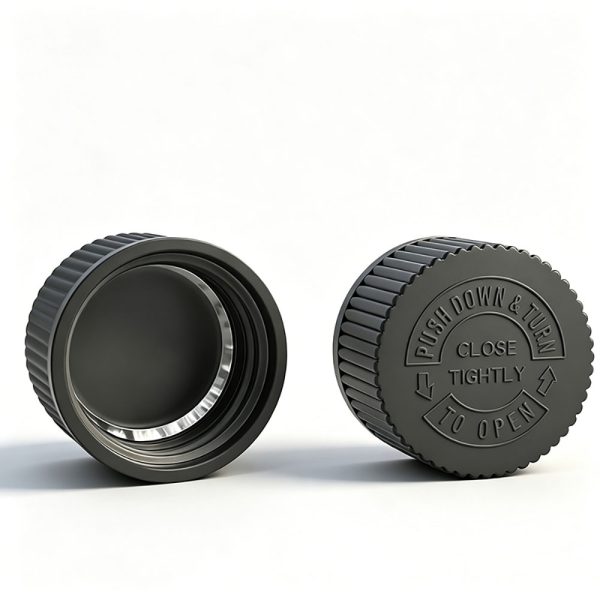 28/410 black child-resistant CRC cap with induction seal liner for 120ml PET diffuser bottle