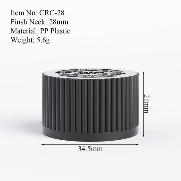 28mm black CRC cap size drawing with neck finish and product dimensions