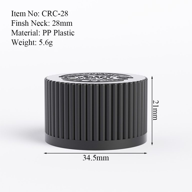 28mm black CRC cap size drawing with neck finish and product dimensions