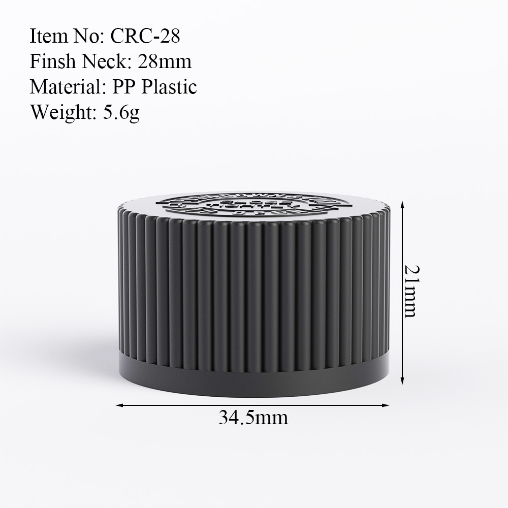 28mm black CRC cap size drawing with neck finish and product dimensions