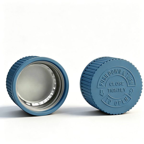 28mm blue CRC cap Pantone 5415 C with heat induction foil liner for PET bottles