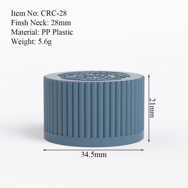 28mm blue CRC cap size drawing with dimensions and neck finish
