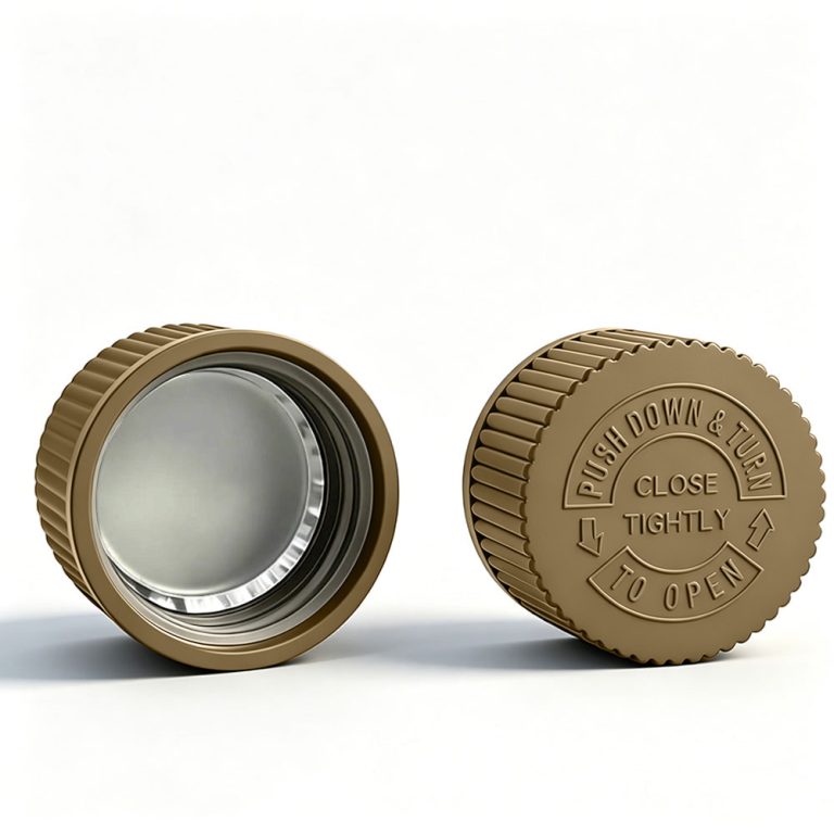 28mm gold CRC cap Pantone 872 C with heat induction foil liner for PET bottles