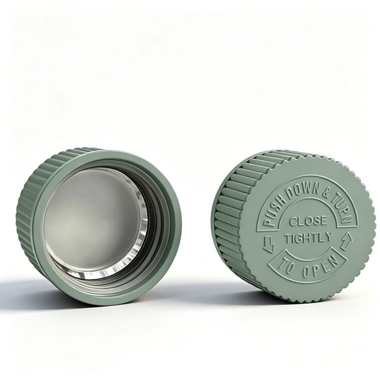 28mm sage green CRC cap Pantone 5635 C with heat induction foil liner for PET bottles