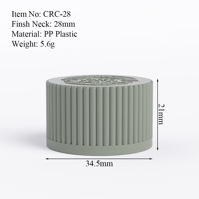 28mm sage green CRC cap size drawing with dimensions and neck finish