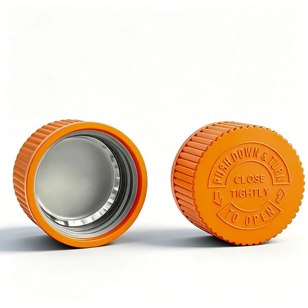 28mm amber orange CRC cap Pantone 144 C with heat induction foil liner for PET bottles