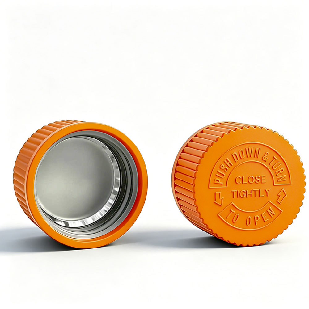 28mm amber orange CRC cap Pantone 144 C with heat induction foil liner for PET bottles
