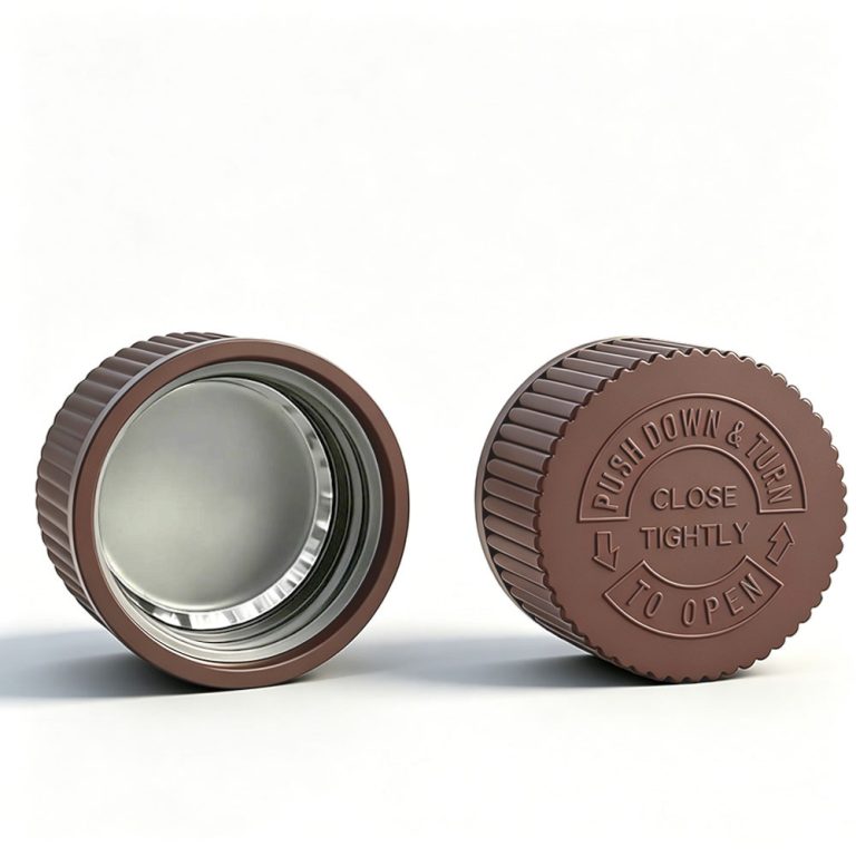 28mm dark red CRC cap Pantone 7615 C with heat induction foil liner for PET bottles