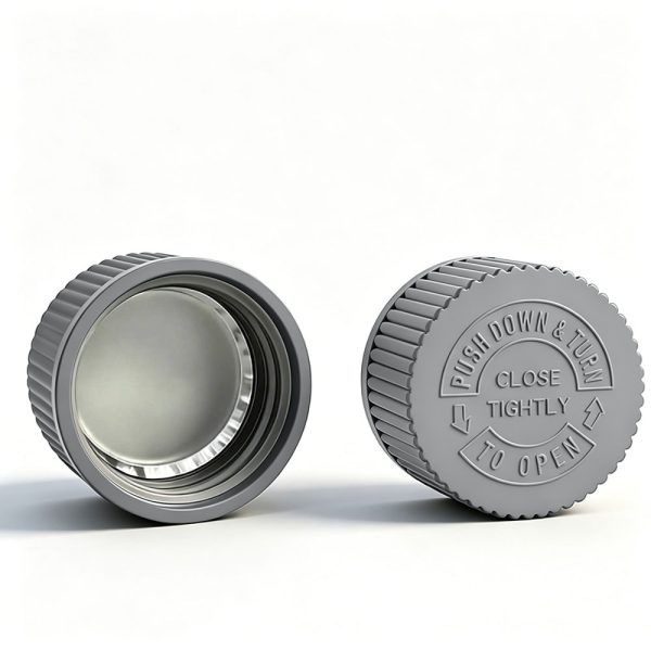 28mm metallic silver CRC cap Pantone 877 C with heat induction foil liner for PET bottles