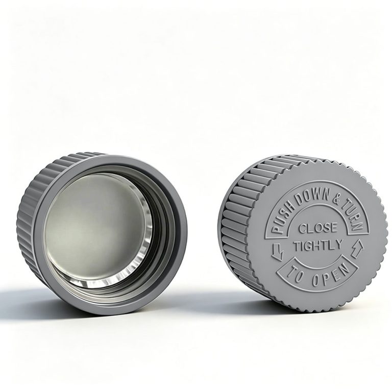 28mm metallic silver CRC cap Pantone 877 C with heat induction foil liner for PET bottles