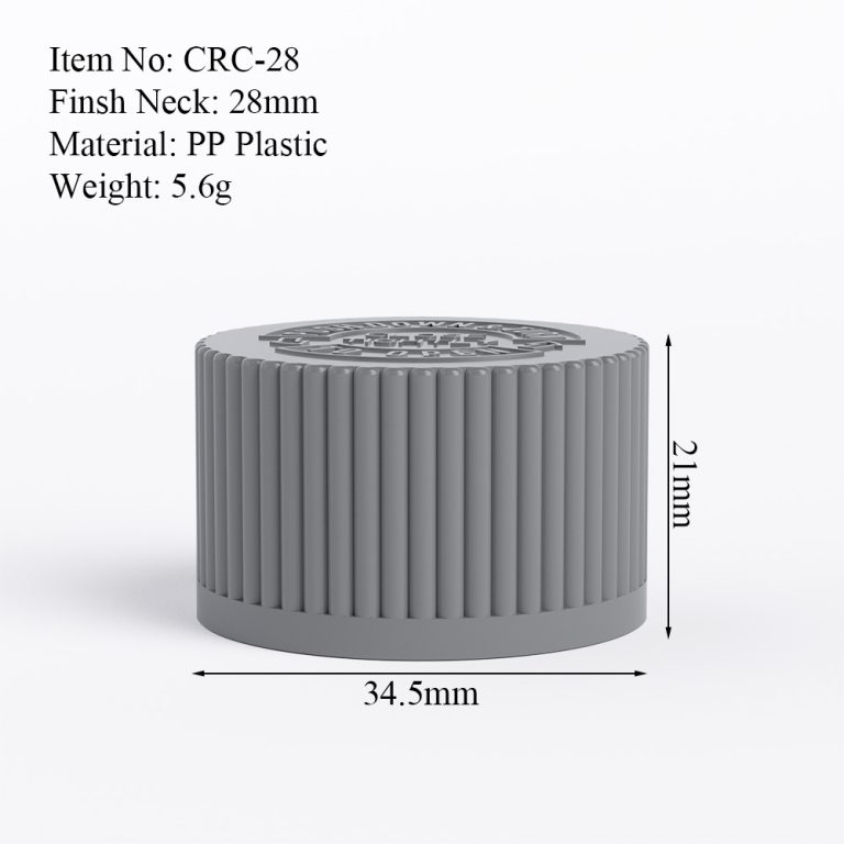28mm metallic silver CRC cap size drawing with neck finish and product dimensions