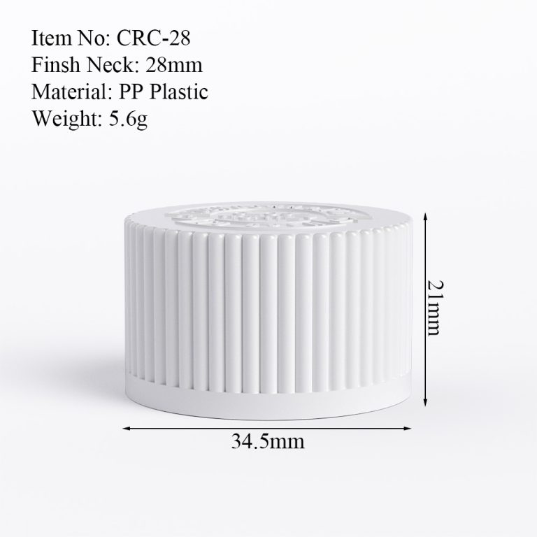 28mm white CRC cap size drawing with dimensions and neck finish