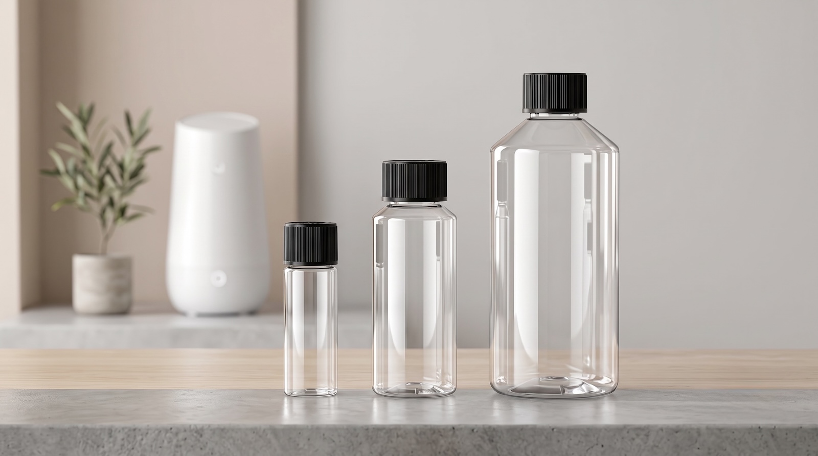 Cold-air scent machine refill packaging with PET diffuser refill bottles and CRC caps