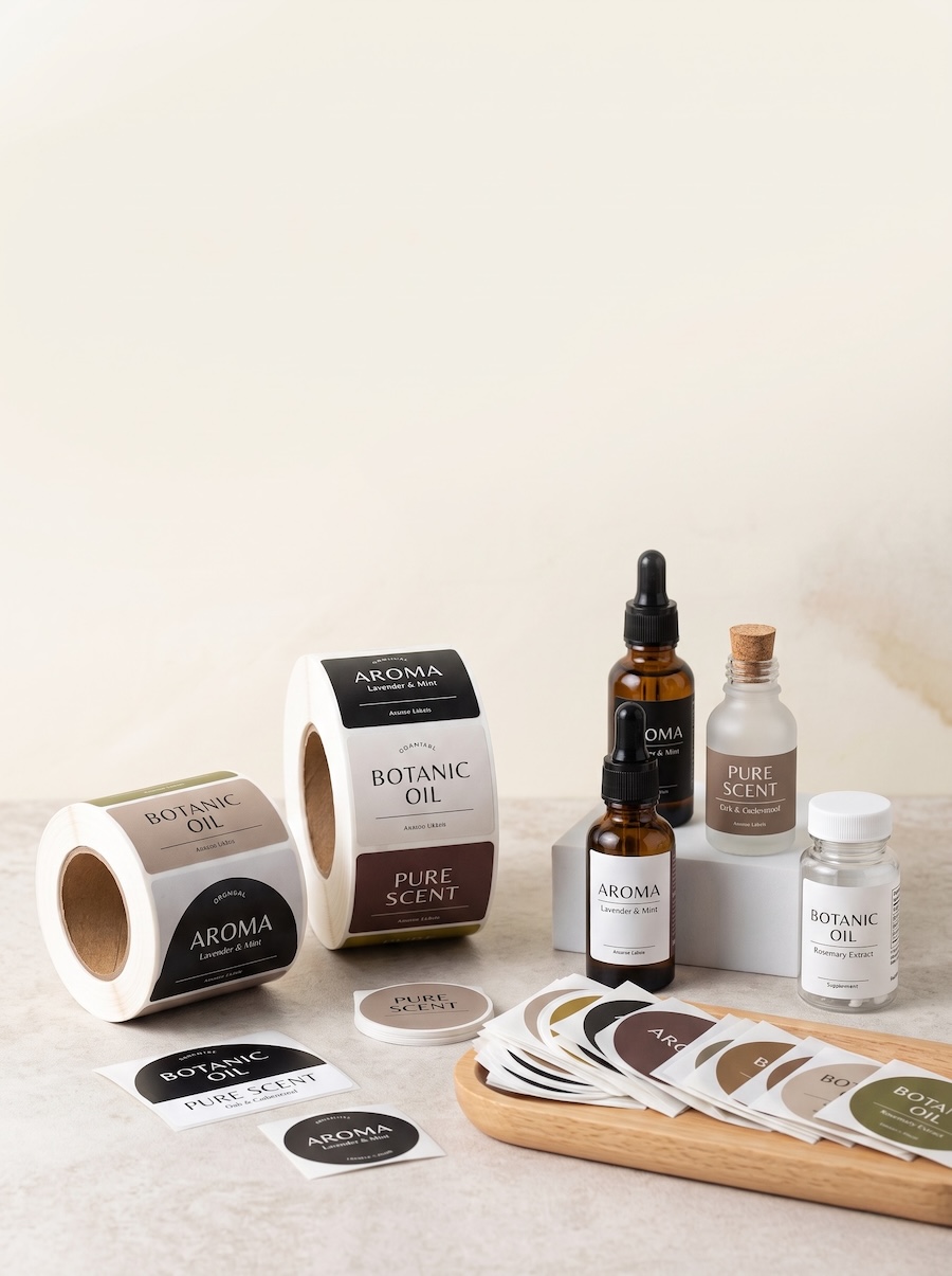 Custom adhesive labels for fragrance oil and diffuser bottles