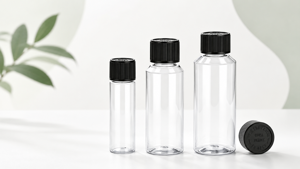 Clear PET diffuser refill bottles in 20ml 120ml and 500ml with black CRC caps for wholesale packaging supply