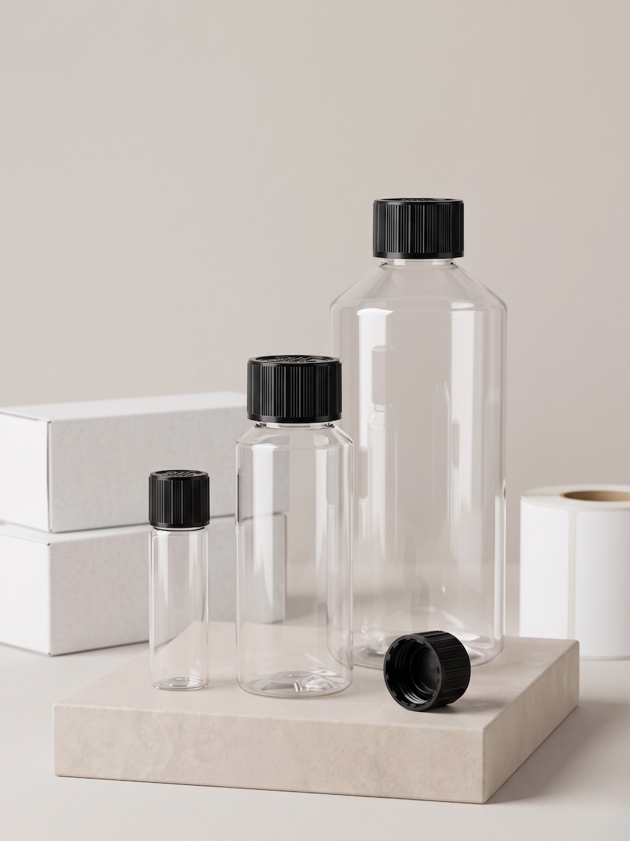 PET diffuser refill bottle set with black CRC caps