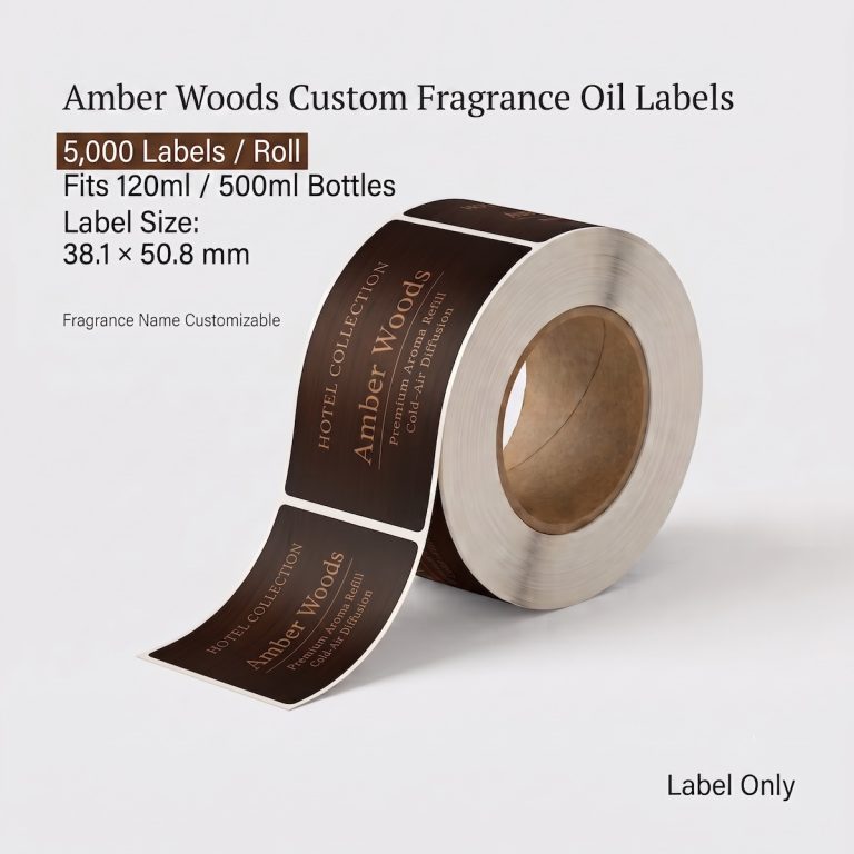 Amber Woods custom fragrance oil labels roll, 5,000 labels per roll, fits 120ml and 500ml fragrance oil bottles