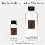 Amber Woods fragrance oil label fit comparison on 120ml and 500ml bottles, label size 38.1 × 50.8 mm