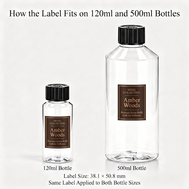 Amber Woods fragrance oil label fit comparison on 120ml and 500ml bottles, label size 38.1 × 50.8 mm