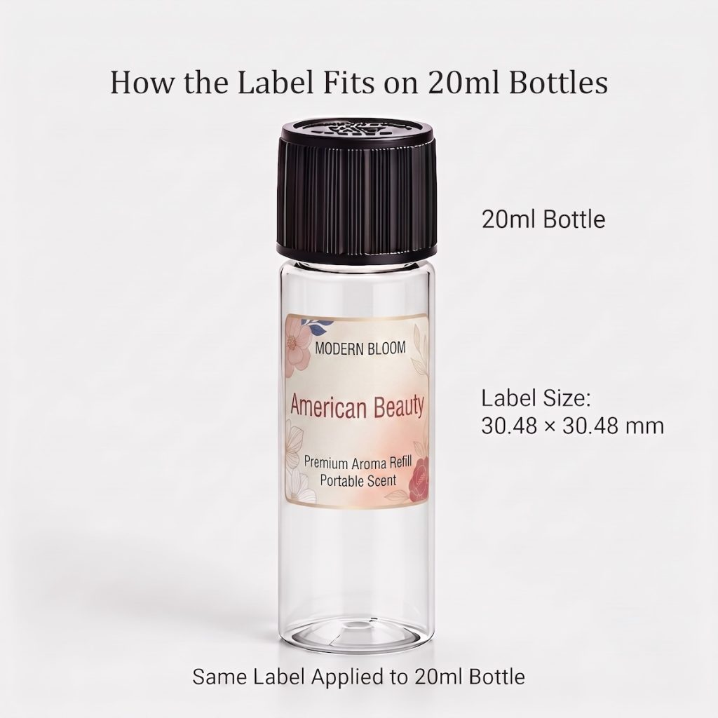 American Beauty 20ml fragrance oil label fit on small bottle, label size 30.48 × 30.48 mm