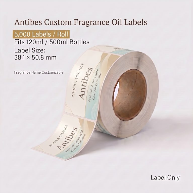 Antibes custom fragrance oil labels roll, 5,000 labels per roll, fits 120ml and 500ml fragrance oil bottles