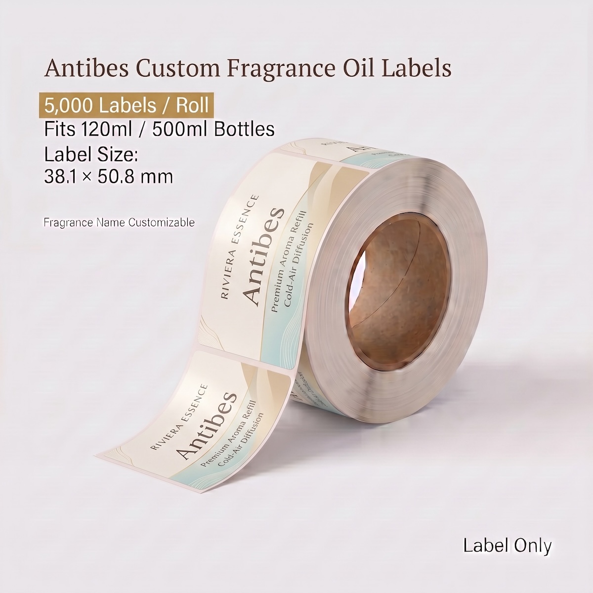 Antibes Custom Fragrance Oil Labels – 5,000 Labels per Roll Antibes custom fragrance oil labels roll, 5,000 labels per roll, fits 120ml and 500ml fragrance oil bottles
