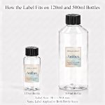 Antibes fragrance oil label fit comparison on 120ml and 500ml bottles, label size 38.1 × 50.8 mm