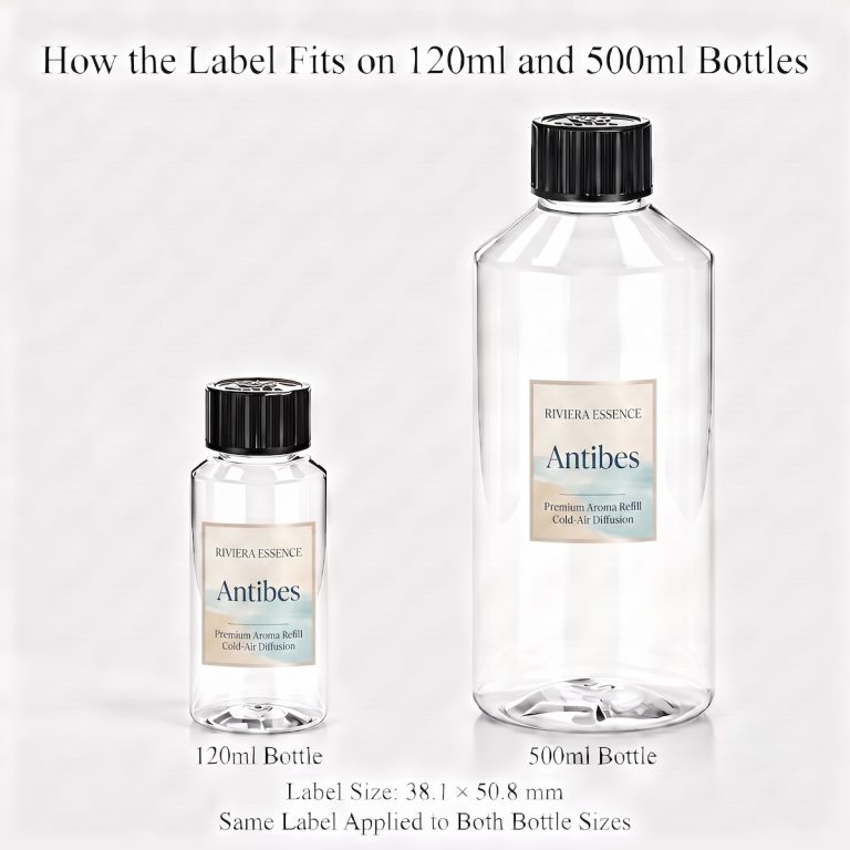 Antibes fragrance oil label fit comparison on 120ml and 500ml bottles, label size 38.1 × 50.8 mm