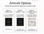 Artwork options for custom fragrance oil labels, including template only, template with logo, and complete custom artwork