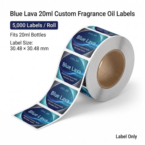 Blue Lava 20ml custom fragrance oil labels roll, 5,000 labels per roll, fits 20ml small fragrance oil bottles