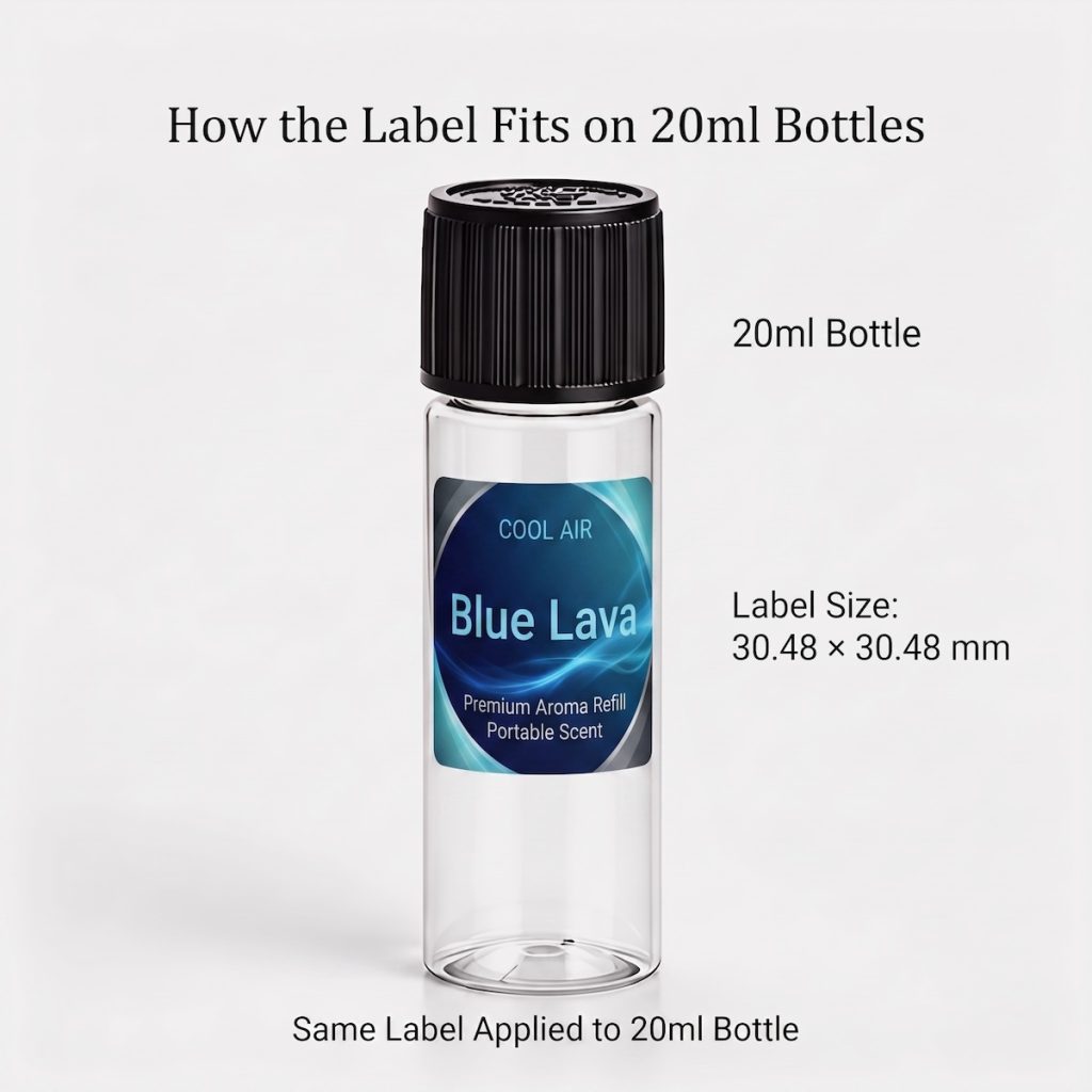 Blue Lava 20ml fragrance oil label fit on small bottle, label size 30.48 × 30.48 mm