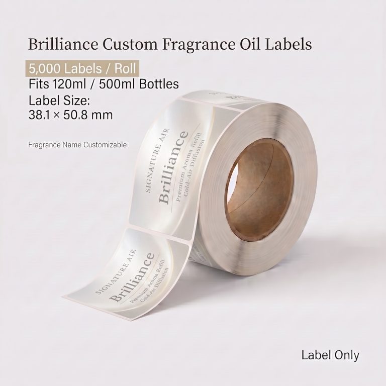 Brilliance custom fragrance oil labels roll, 5,000 labels per roll, fits 120ml and 500ml fragrance oil bottles