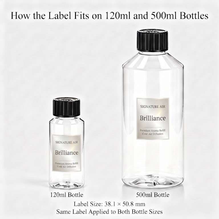 Brilliance fragrance oil label fit comparison on 120ml and 500ml bottles, label size 38.1 × 50.8 mm