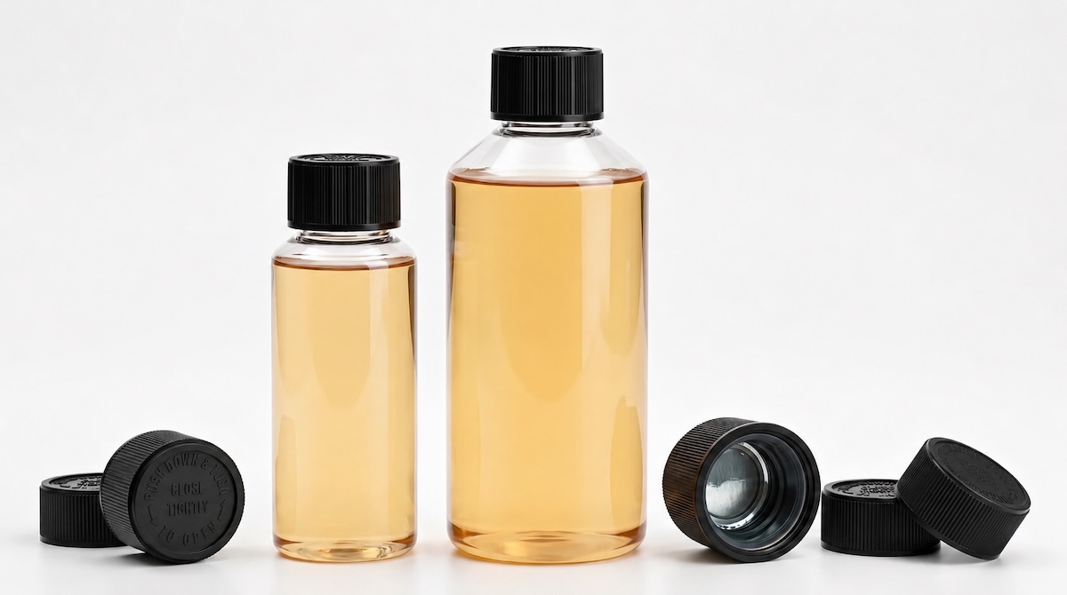 black CRC caps for fragrance oil bottles with PET refill containers
