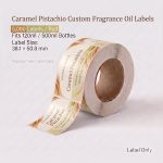 Caramel Pistachio custom fragrance oil labels roll, 5,000 labels per roll, fits 120ml and 500ml fragrance oil bottles