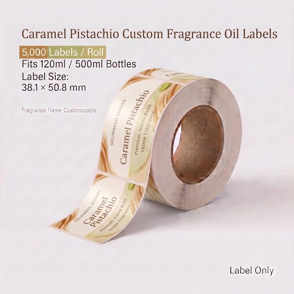 Caramel Pistachio custom fragrance oil labels roll, 5,000 labels per roll, fits 120ml and 500ml fragrance oil bottles