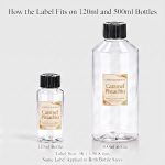 Caramel Pistachio fragrance oil label fit comparison on 120ml and 500ml bottles, label size 38.1 × 50.8 mm