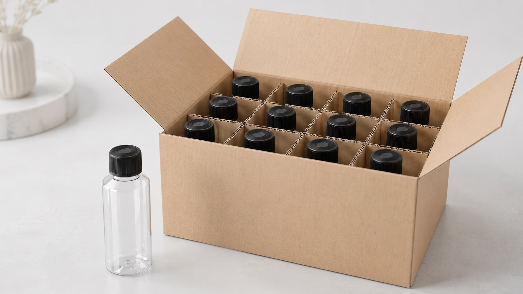 e-commerce fragrance packaging with PET bottles packed in carton dividers