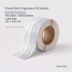 Fresh Rain custom fragrance oil labels roll, 5,000 labels per roll, fits 120ml and 500ml fragrance oil bottles