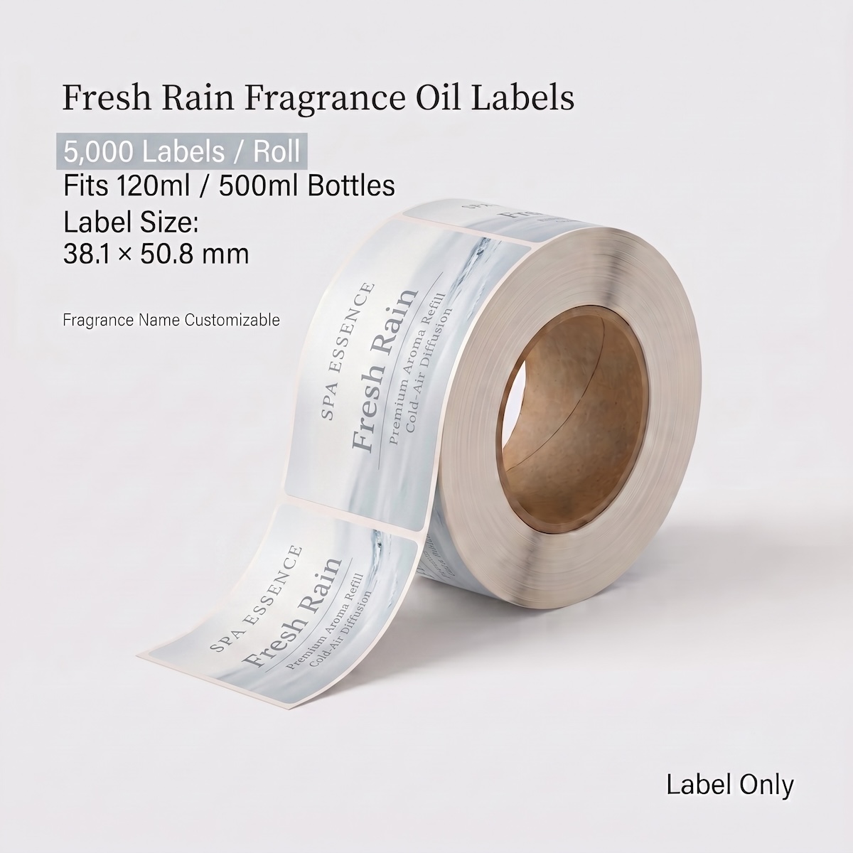 Fresh Rain Custom Fragrance Oil Labels Fresh Rain custom fragrance oil labels roll, 5,000 labels per roll, fits 120ml and 500ml fragrance oil bottles