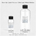 Fresh Rain fragrance oil label fit comparison on 120ml and 500ml bottles, label size 38.1 × 50.8 mm