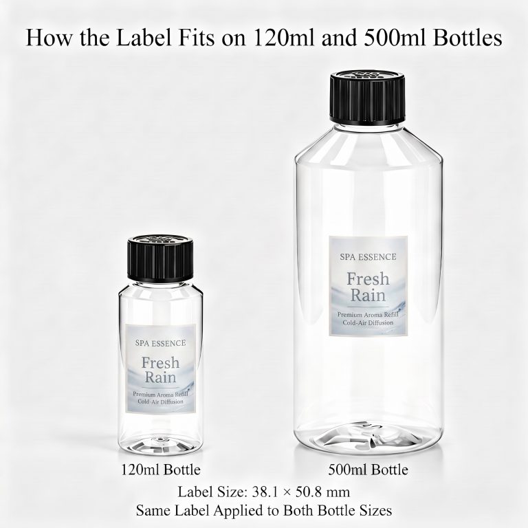 Fresh Rain fragrance oil label fit comparison on 120ml and 500ml bottles, label size 38.1 × 50.8 mm