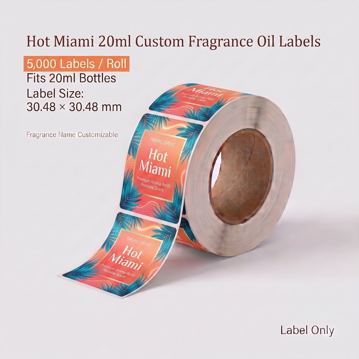 Hot Miami 20ml Custom Fragrance Oil Labels – 5,000 Labels per Roll Hot Miami 20ml custom fragrance oil labels roll, 5,000 labels per roll, fits 20ml small fragrance oil bottles